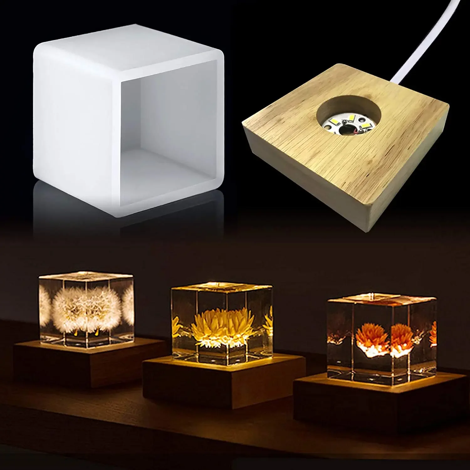 Resin Art And Wood - スクエアライト樹脂モールド、樹脂用LEDシリコンモールド、樹脂アート用木製照明ベーススタンド付き樹脂シリコンモールド