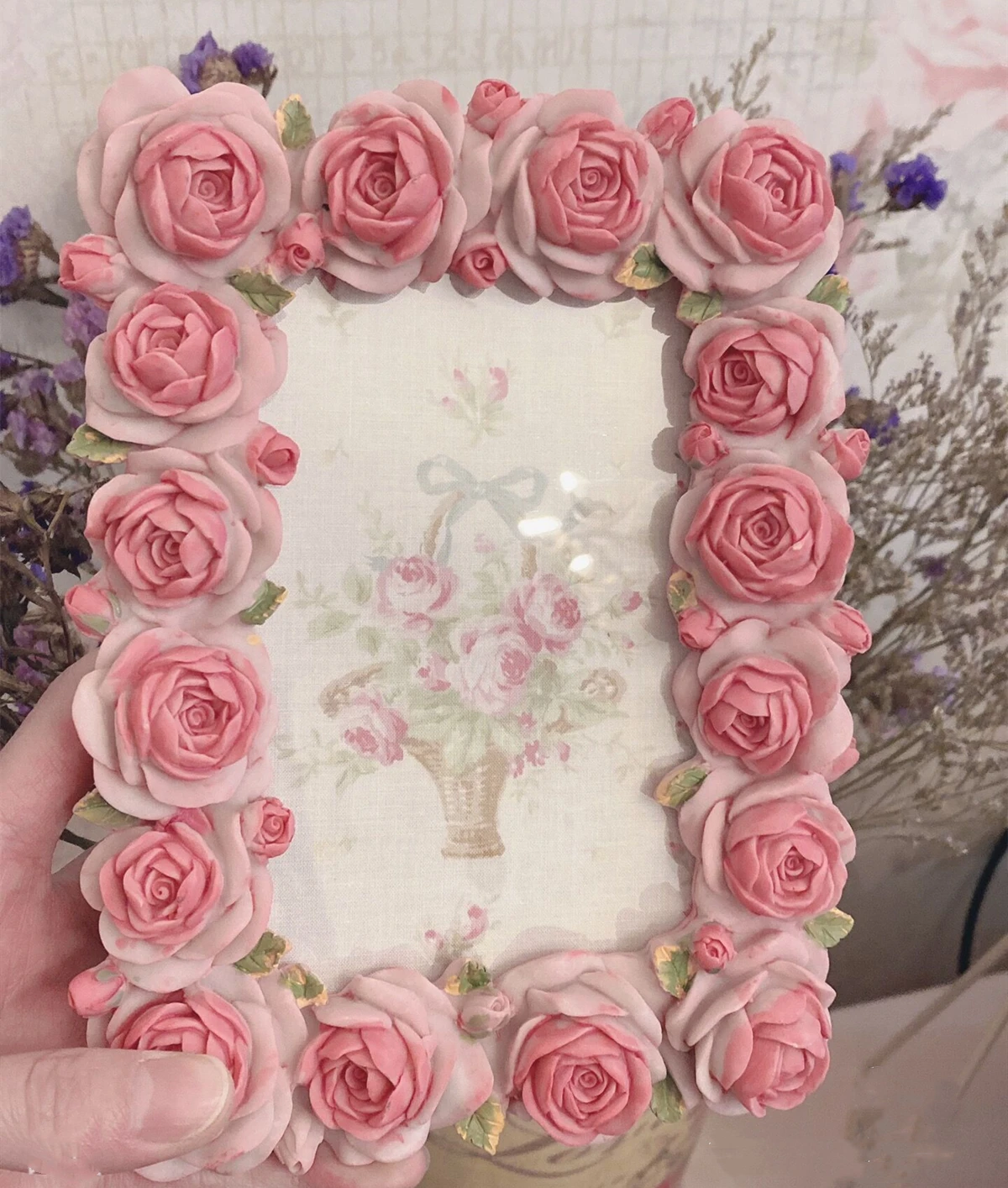 Resin Art For Photo Frame - ピンクのバラの長方形のレースの装飾,エッジテーブル,暖かい樹脂,アートフレーム