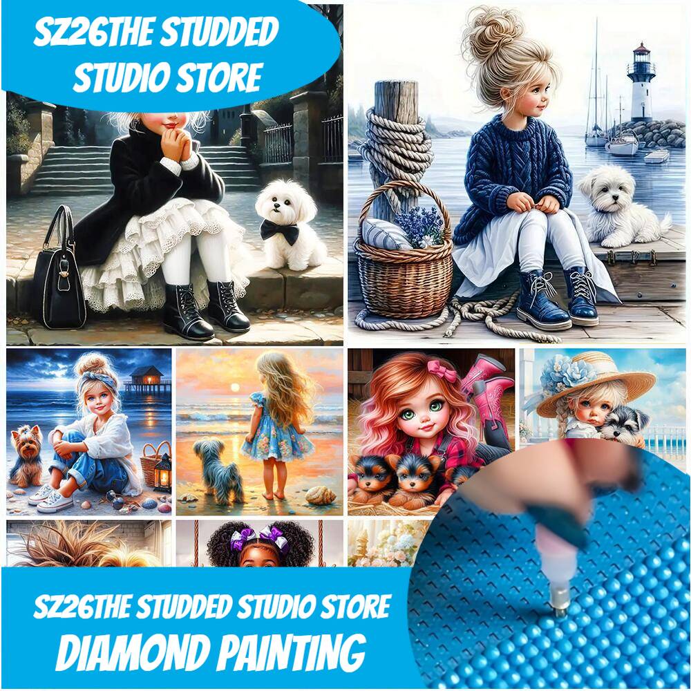 Resin Art Wall Decor - Sz26 スタッズ付きDIYダイヤモンドモザイク肖像画 女の子 フルスクエア/ラウンドダイヤモンドモザイク 動物 犬