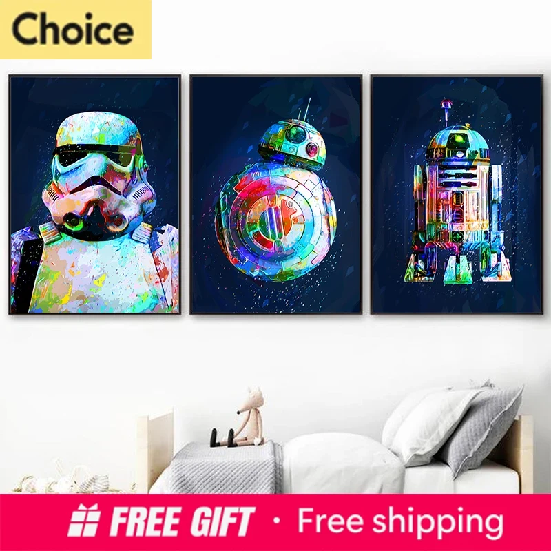 Resin Art Canvas - スペースウォーズポスター水彩画 R2-D2 プリント SF キッズボーイズ誕生日ギフトダイヤモンド絵画ロボット BB-8