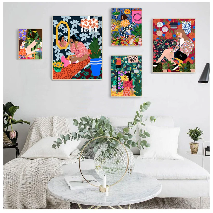 Resin Art Wall Decor - 2026 クラシック抽象ウォールアートファッションレトロガールプラントドッグ、HD ダイヤモンドプリントポスター、ホームリビングルームベッドルーム装飾絵画