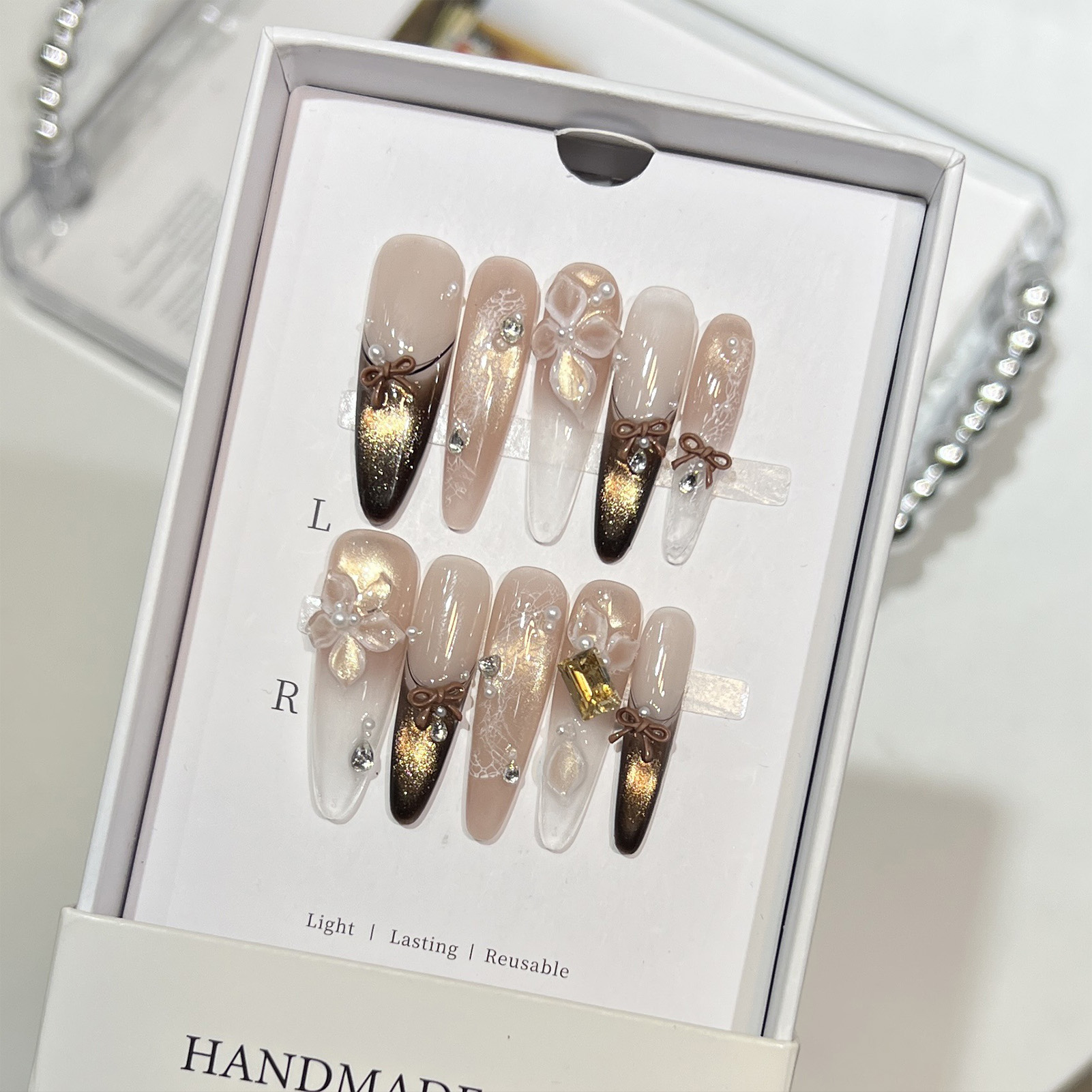 Resin Art Design For Wedding - 10個入り キャットアイプリント フレンチネイルアート ブラウン ハンドメイド フラワー