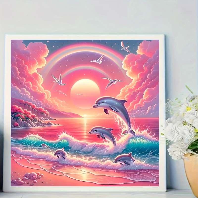 ダイヤモンドペインティングキット、ピンクの空とイルカ柄、ラウ - Resin Art Canvas のレビューと価格