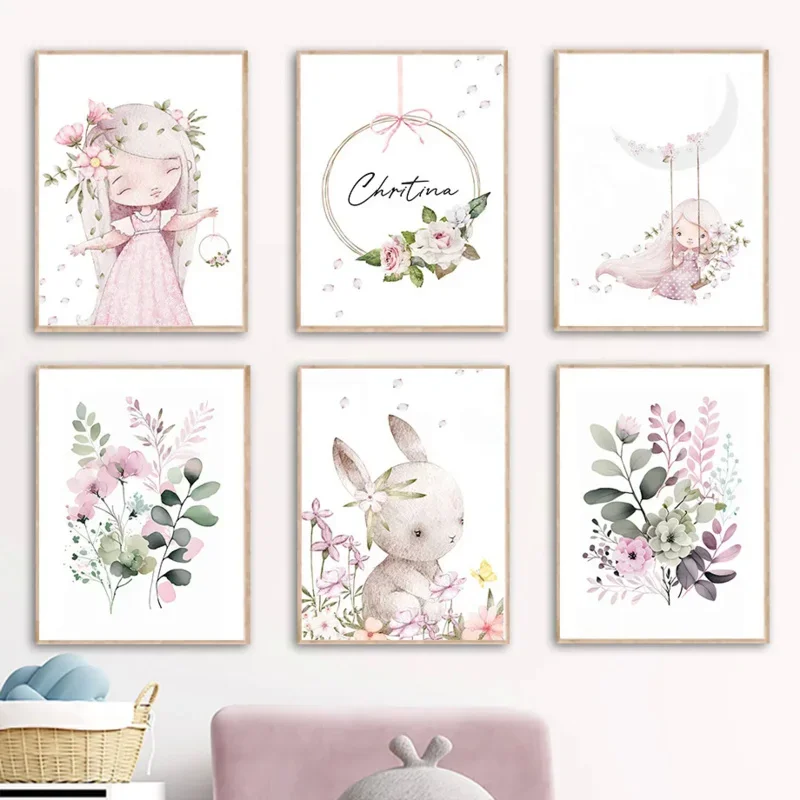 北欧風漫画美学ウォールアート ピンクの女の子 ウサギ 花 名 - Resin Art Name のレビューと価格