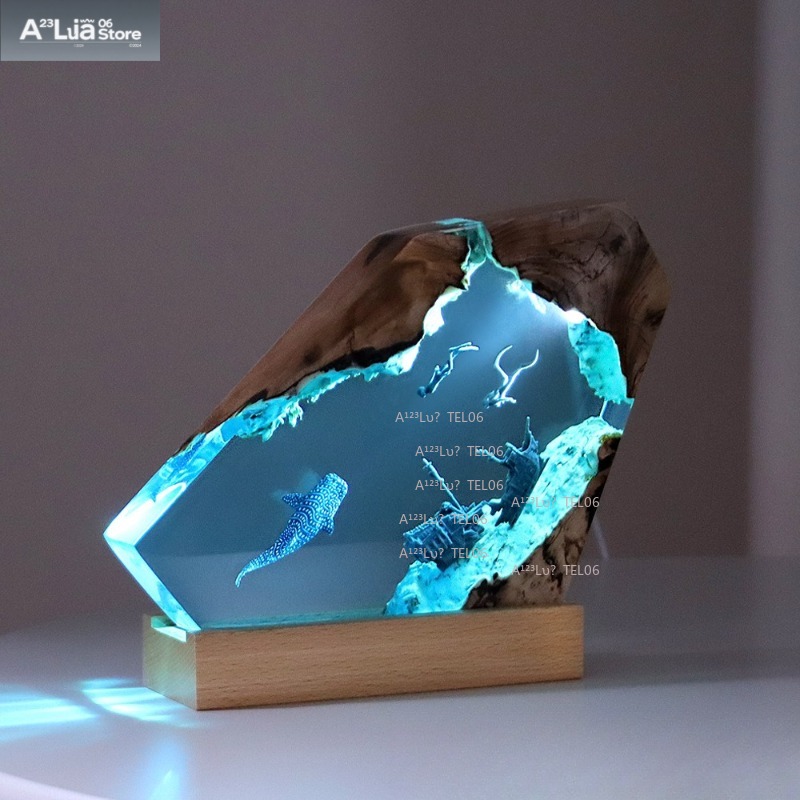 木製樹脂ナイトライトオーシャンアートデスクデコレーションサメ - Resin Art And Wood のレビューと価格