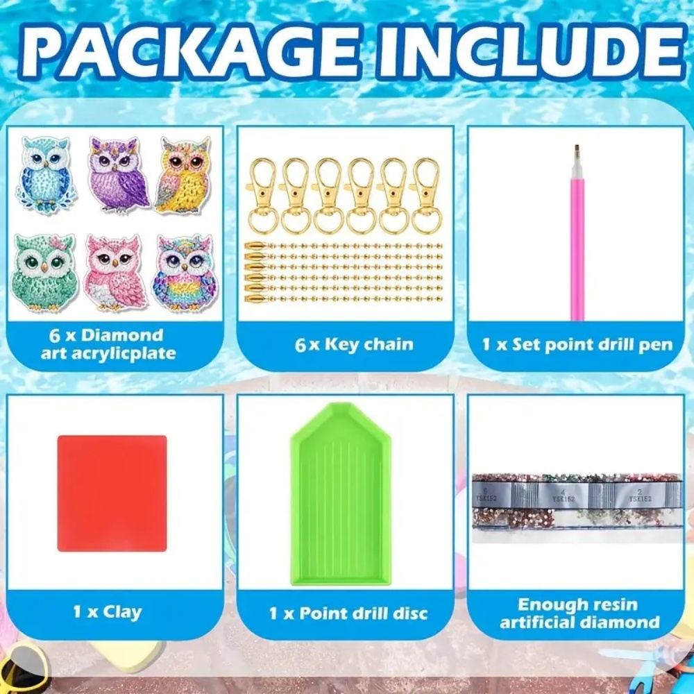 6個/セット DIY ダイヤモンドキーホルダー - フクロウ - Resin Art Canvas のレビューと価格