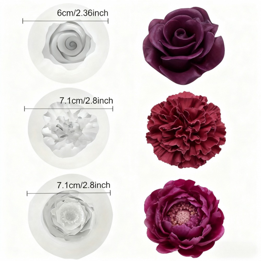 3ピースのバラ、牡丹、カーネーションのシリコン型、キャンドル - Resin Art Design For Wedding のレビューと価格